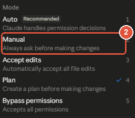 Danh sách năm chế độ: Auto, Manual, Accept edits, Plan, Bypass permissions