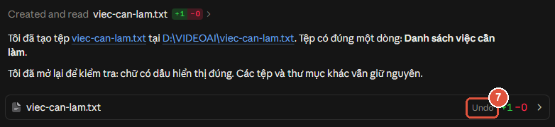 Claude báo đã tạo tệp, cạnh tên tệp có nút Undo