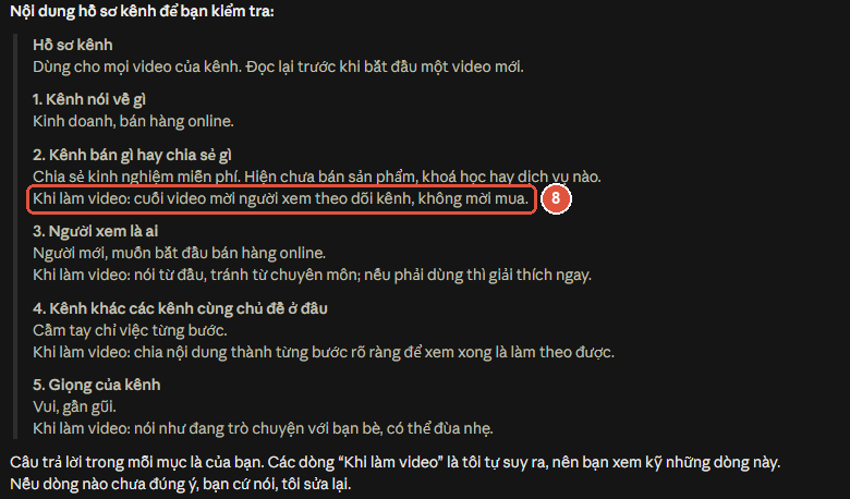 Hồ sơ kênh Claude đọc lại, mỗi mục có một dòng Khi làm video do Claude tự suy ra