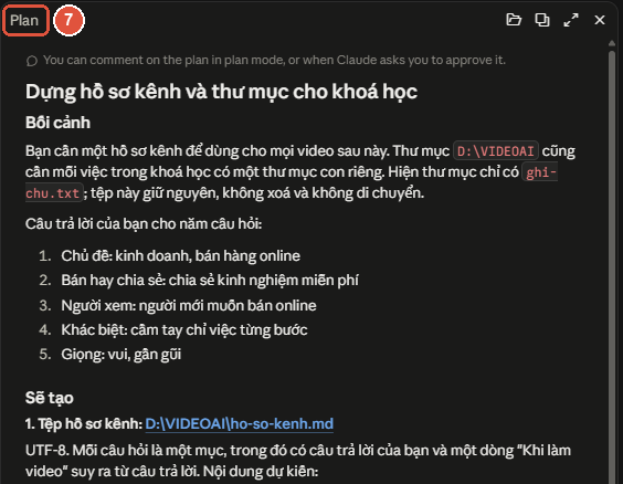 Khung Plan bên phải màn hình, ghi kế hoạch dựng hồ sơ kênh