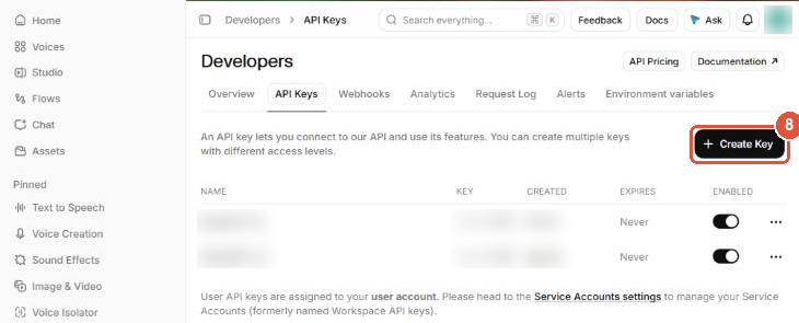 Trang API Keys của ElevenLabs, số 8 là nút + Create Key