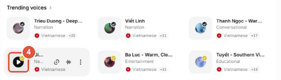 Thẻ giọng Giang - Northern female Narrator khi rê chuột vào, số 4 là nút Play