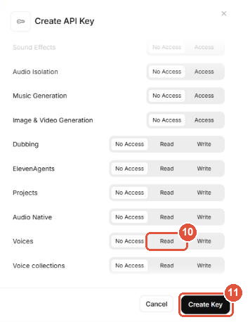 Phần dưới hộp Create API Key: số 10 là dòng Voices, số 11 là nút Create Key