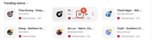 Thẻ giọng Viết Linh khi rê chuột vào, số 5 là nút Add to My Voices