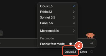 Tên model Opus 5.5 ở góc dưới bên phải và danh sách model khi bấm vào